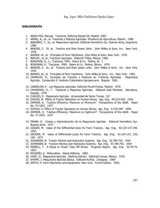Ing. Agro. MSc Guillermo Ojeda Lòpez
BIBLIOGRAFÍA

1. ARIAS PAZ, Manual. Tractores. Editorial Dossat SA. Madrid. 1963
2. ARNAL, A., et., al. Tractores y Motores Agrícolas. Ministerio de Agricultura. Madrid. 1986
3. BARAÑAO, T., et., al. Maquinaria Agrícola. Editorial Hemisferio Sur. Buenos Aires, Argentina.
1986
4. BARGER, C. Et. al. Tractors and their Power Units. John Willey & Sons. Inc. New York.
1978
5. BAINER, et., al. Principles of Farm Machinery. John Wiley & Sons. New York. 1978
6. BERLIN., et, al., Tractores Agrícolas. Editorial Trillas, México. 1982.
7. BORGMAN, D., e., Tractores. FMO. Deere & Co. Moline, Ill. 1
8. BORGMAN, D. Tractores. FMO. Deere & Co. Moline, Illinois. 1974
9. BARGER, C. et., al. Tractors and their power units. John Willey & Sons. Inc. New York.
1978
10. BAINER, et., al. Principles of farm machinery. John Willey & Sons. Inc. New York. 1965
11. CAMACHO, H., Concepto de Tracción y Potencia en Tractores Agrícolas. Maquinaria
Agrícola. Compendio 9. Instituto Colombiano Agropecuario. Bogota. 1981.
12. CANDELON, P. Las Maquinas Agrícolas. Editorial Mundi Prensa. Madrid. 1970
13. CHHADOCK, H., T. Tractores y Maquinas Agrícolas. Editorial José Monteso. Barcelona,
España. 1970
14. CLAVIJO, E. Maquinaria Agrícola. Universidad de Santo Tomas. S/f
15. DUPUIS, N. Effect of Tractor Operation on Human Stress. Agr, Eng. 40:510-549. 1959
16. DOMIER, K. Tractive Efficiency: Maximun or Minimum? Transactions of the ASAE. Paper
No. 77-1053. 1977
17. DUPUIS, H. Effect of Tractor Operation on Human Stress. Agr, Eng. 4:510-549- 1959
18. DOMIER, H. Tractive Efficiency: Maximum or Optimum? Transactions of the ASAE. Paper
No. 77-1053. 1977
19. FRANK, R. Costos y Administración de la Maquinaria Agrícola. Editorial Hemisferio Sur.
Buenos Aires. 1977
20. GEIGER, M. Value of the Differential locks for Farm Tractors. Agr. Eng. 42:124-127.140.
1953
21. GEOGER, M. Value of Differential Locks for Farm Tractors. Agr. Eng. 42:124-127, 139,
140. 1977
22. JOHANSEN, B. Tractor Hitches and Hydraulics Systems. Agr. Eng. 35:789-793. 1954
23. JOHANSEN, B. Tractors Hitches and Hydraulics Systems. Agr. Eng. 35:789-793. 1954
24. MORELL, T. A Study or Power Take Off Drives. Progress Report. Agr. Eng. 33:70-73.
1953
25. RISUEÑO, A. Motocultivo. Salvat Editores. 1960
26. HUNT, D. Maquinaria Agrícola. Séptima Edición. Editorial Limusa. México. 1976
27. SHIPPE, J. Maquinaria Agrícola Básica. Editorial Acribia. Zaragoza. 1969
28. SMITH, H. Farm Machinery and Equipment. New York. Fourth Edition. 1955.

167

 