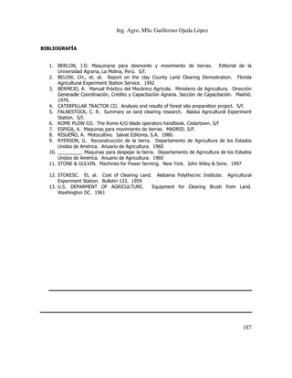 Ing. Agro. MSc Guillermo Ojeda Lòpez
BIBLIOGRAFÍA

1. BERLIJN, J.D. Maquinaria para desmonte y movimiento de tierras. Editorial de la
Universidad Agraria, La Molina, Perú. S/f.
2. BELOW, CH., et. al. Report on the clay County Land Clearing Demostration. Florida
Agricultural Experiment Station Service. 1992
3. BERMEJO, A. Manual Práctico del Mecánico Agrícola. Ministerio de Agricultura. Dirección
Generadle Coordinación, Crédito y Capacitación Agraria. Sección de Capacitación. Madrid.
1979.
4. CATERPILLAR TRACTOR CO. Analysis and results of forest site preparation project. S/f.
5. FALNESTOCK, C. R. Summary on land clearing research. Alaska Agricultural Experiment
Station. S/f.
6. ROME PLOW CO. The Rome K/G blade operators handbook. Cedartown. S/f
7. ESPIGA, A. Maquinas para movimiento de tierras. MADRID. S/F.
8. RISUEÑO, A. Motocultivo. Salvat Editores. S.A. 1980.
9. RYERSON, G. Reconstrucción de la tierra. Departamento de Agricultura de los Estados
Unidos de América. Anuario de Agricultura. 1960
10. _________. Maquinas para despejar la tierra. Departamento de Agricultura de los Estados
Unidos de América. Anuario de Agricultura. 1960
11. STONE & GULVIN. Machines for Power farming. New York. John Wiley & Sons. 1997
12. STOKESC. Et, al. Cost of Clearing Land. Alabama Polythecnic Institute. Agricultural
Experiment Station. Bulletin 133. 1959
13. U.S. DEPARMENT OF AGRICULTURE.
Equipment for Clearing Brush from Land.
Washington DC. 1961

187

 
