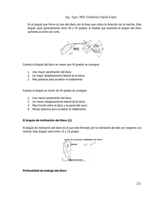 Ing. Agro. MSc Guillermo Ojeda Lòpez
Es el ángulo que forma la cara del disco con la línea que indica la dirección de la marcha. Este
ángulo varía generalmente entre 40 y 45 grados. A medida que aumenta el ángulo del disco
aumenta el ancho de corte.

Cuando el ángulo del disco es mayor que 45 grados se consigue:
1. Una mayor penetración del disco
2. Un mejor desplazamiento lateral de la tierra
3. Mas potencia para arrastrar el implemento

Cuando el ángulo es menor de 45 grados se consigue:
1.
2.
3.
4.

Una menor penetración del disco
Un menor desplazamiento lateral de la tierra
Mas fricción entre el disco y la pared del surco
Menos potencia para arrastrar el implemento.

El ángulo de inclinación del disco (β)
β
El ángulo de inclinación del disco es el que esta formado por la inclinación de éste con respecto a la
vertical. Este ángulo varía entre 15 y 25 grados

Profundidad de trabajo del disco

221

 