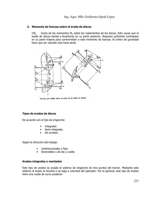Ing. Agro. MSc Guillermo Ojeda Lòpez
3. Momento de fuerzas sobre el arado de discos
ΣMb
Suma de los momentos Mb sobre los rodamientos de los discos. Esto causa que el
arado de discos tienda a levantarse en su parte posterior. Requiere suficiente contrapeso
en su parte trasera para contrarrestar a este momento de fuerzas. El centro de gravedad
tiene que ser ubicado mas hacia atrás.

Tipos de arados de discos
De acuerdo con el tipo de enganche:
•
•
•

Integrales
Semi integrales
De arrastre

Según la dirección del trabajo:
•
•

Unidireccionales o fijos
Reversibles o de ida y vuelta

Arados integrales o montados
Este tipo de arados se acopla al sistema de enganche de tres puntos del tractor. Mediante este
sistema
sistema el arado se levanta o se baja a voluntad del operador. Por lo general, este tipo de arados
tiene una rueda de surco posterior

227

 