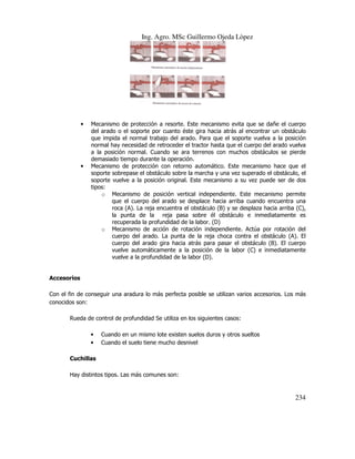 Ing. Agro. MSc Guillermo Ojeda Lòpez

•

•

Mecanismo de protección a resorte. Este mecanismo evita que se dañe el cuerpo
del arado o el soporte por cuanto éste gira hacia atrás al encontrar un obstáculo
que impida el normal trabajo del arado. Para que el soporte vuelva a la posición
normal hay necesidad de retroceder el tractor hasta que el cuerpo del arado vuelva
a la posición normal. Cuando se ara terrenos con muchos obstáculos se pierde
demasiado tiempo durante la operación.
Mecanismo de protección con retorno automático. Este mecanismo hace que el
soporte sobrepase el obstáculo sobre la marcha y una vez superado el obstáculo, el
soporte vuelve a la posición original. Este mecanismo a su vez puede ser de dos
tipos:
o Mecanismo de posición vertical independiente. Este mecanismo permite
que el cuerpo del arado se desplace hacia arriba cuando encuentra una
roca (A). La reja encuentra el obstáculo (B) y se desplaza hacia arriba (C),
la punta de la reja pasa sobre él obstáculo e inmediatamente es
recuperada la profundidad de la labor. (D)
o Mecanismo de acción de rotación independiente. Actúa por rotación del
cuerpo del arado. La punta de la reja choca contra el obstáculo (A). El
cuerpo del arado gira hacia atrás para pasar el obstáculo (B). El cuerpo
vuelve automáticamente a la posición de la labor (C) e inmediatamente
vuelve a la profundidad de la labor (D).

Accesorios
Con el fin de conseguir una aradura lo más perfecta posible se utilizan varios accesorios. Los más
conocidos son:
Rueda de control de profundidad Se utiliza en los siguientes casos:
•
•

Cuando en un mismo lote existen suelos duros y otros sueltos
Cuando el suelo tiene mucho desnivel

Cuchillas
Hay distintos tipos. Las más comunes son:

234

 