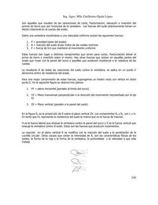 Ing. Agro. MSc Guillermo Ojeda Lòpez
Son aquellas que resultan de las operaciones de corte, fracturizacion, elevación e inversión del
prisma de tierra que son funciones de la vertedera. Las fuerzas del suelo prácticamente tienen un
efecto rotacional en el cuerpo del arado.
Sobre una vertedera moviéndose a una velocidad uniforme actúan las siguientes fuerzas:
1. P = gravedad (peso del arado)
2. R = reacción del suelo al par motor de las ruedas motrices
3. F = fuerza de tiro que mantiene el movimiento uniforme
Estas fuerzas dan lugar a distintos componentes que sirven para cortar, fracturizaciòn elevar el
prima de tierra e invertirlo sobre sí mismo. Hay otras fuerzas que actúan en aquellas partes del
ra
arado que rozan con la pared del surco y aquellas que producen resistencia a la rodadura de las
ruedas.
La resultante R de todas las reacciones del suelo contra la vertedera, se aplica en un punto C
vertedera,
denomina centro de resistencia del arado.
Para una mejor comprensión de estas fuerzas, supongamos un triedro recto con vértice en dicho
punto C. En la siguiente figura se observa tres planos:
1. XY = plano horizontal (paralelo a fondo del surco)
al
2. YZ = Plano transversal (perpendicular a la dirección del movimiento representado por el eje
X)
3. ZX = Plano vertical (paralelo a la pared del suelo)

En la figura Rv es la proyección de R sobre el plano vertical ZX. Los componentes Rz y Rh son L y H.
En tanto que VL representa la resistencia del suelo la misma que es la fuerza de tracción.
H es la fuerza lateral que empuja la vertedera contra la pared del surco y V es la fuerza vertical que
empuja la vertedera contra el suelo. Estas son las fuerzas que producen rozamientos.
son
La reacción en el plano vertical R se modifica con la reacción del suelo a la penetración de la
cuchilla circular. Otras causas que varían la intensidad de Rv son las características físicas de los
suelos, la forma de la reja y la forma de la vertedera, la profundidad y la velocidad a que esta
trabaja

240

 