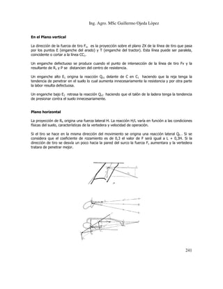 Ing. Agro. MSc Guillermo Ojeda Lòpez
En el Plano vertical
La dirección de la fuerza de tiro Fv, es la proyección sobre el plano ZX de la línea de tiro que pasa
por los puntos E (enganche del arado) y T (enganche del tractor). Esta línea puede ser paralela,
arado)
coincidente o cortar a la línea CC1.
Un enganche defectuoso se produce cuando el punto de intersección de la línea de tiro Fv y la
resultante de Rv y P se distancien del centro de resistencia.
Un enganche alto E1 origina la reacción Qv1 delante de C en C1 haciendo que la reja tenga la
tendencia de penetrar en el suelo lo cual aumenta innecesariamente la resistencia y por otra parte
la labor resulta defectuosa.
Un enganche bajo E2 retrasa la reacción Qv2 haciendo que el talón de la ladera tenga la tendencia
de presionar contra el suelo innecesariamente.

Plano horizontal
La proyección de Rh origina una fuerza lateral H. La reacción H/L varía en función a las condiciones
físicas del suelo, características de la vertedera y velocidad de operación.
aracterísticas
Si el tiro se hace en la misma dirección del movimiento se origina una reacción lateral Qh . Si se
considera que el coeficiente de rozamiento es de 0,3 el valor de F será igual a L + 0,3H. Si la
dirección de tiro se desvía un poco hacia la pared del surco la fuerza Fv aumentara y la vertedera
rección
tratara de penetrar mejor.

241

 