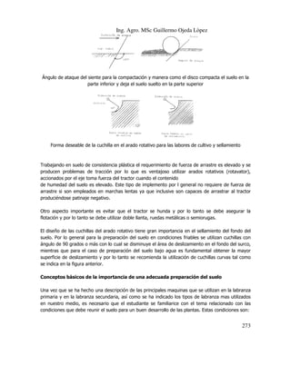 Ing. Agro. MSc Guillermo Ojeda Lòpez

Ángulo de ataque del siente para la compactación y manera como el disco compacta el suelo en la
parte inferior y deja el suelo suelto en la parte superior

Forma deseable de la cuchilla en el arado rotativo para las labores de cultivo y sellamiento

Trabajando en suelo de consistencia plástica el requerimiento de fuerza de arrastre es elevado y se
ncia
producen problemas de tracción por lo que es ventajoso utilizar arados rotativos (rotavator),
accionados por el eje toma fuerza del tractor cuando el contenido
de humedad del suelo es elevado. Este tipo de implemento por l general no requiere de fuerza de
evado.
arrastre si son empleados en marchas lentas ya que inclusive son capaces de arrastrar al tractor
produciéndose patinaje negativo.
Otro aspecto importante es evitar que el tractor se hunda y por lo tanto se debe asegurar la
hunda
flotación y por lo tanto se debe utilizar doble llanta, ruedas metálicas o semiorugas
semiorugas.
El diseño de las cuchillas del arado rotativo tiene gran importancia en el sellamiento del fondo del
suelo. Por lo general para la preparación del suelo en condiciones friables se utilizan cuchillas con
ángulo de 90 grados o más con lo cual se disminuye el área de deslizamiento en el fondo del surco,
mientras que para el caso de preparación del suelo bajo agua es fundamental obtener la mayor
superficie de deslizamiento y por lo tanto se recomienda la utilización de cuchillas curvas tal como
se indica en la figura anterior.
Conceptos básicos de la importancia de una adecuada preparación del suelo
Una vez que se ha hecho una descripción de las principales maquinas que se utilizan en la labranza
descripción
primaria y en la labranza secundaria, así como se ha indicado los tipos de labranza mas utilizados
en nuestro medio, es necesario que el estudiante se familiarice con el tema relacionado con las
condiciones que debe reunir el suelo para un buen desarrollo de las plantas. Estas condiciones son:

273

 