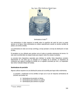 Ing. Agro. MSc Guillermo Ojeda Lòpez

Sembradora al voleo168
Las sembradoras al voleo esparcen la semilla sobre la superficie del suelo tal como se puede
apreciar en la figura. Estas sembradoras se utilizan especialmente cuando se siembra semillas de
pastos y de ciertos cereales.
Las sembradoras la voleo son de tipo centrífugo, de tipo pendular o de tipo de distribución en toda
la tolva,
El aeroplano es muy utilizado para sembrar arroz al voleo en grandes extensiones de terreno. En
este caso la semilla debe ser pregerminada para esparcir sobre los campos inundados.
La avioneta tiene dispositivos especiales para distribuir la semilla. Estos dispositivos consisten
básicamente en una tolva que va colocada en el fuselaje de la avioneta, un dispositivo de
compuerta que regula la cantidad de semilla con un agitador accionado por aire y un espaciador
tipo venturi colocado debajo del fuselaje.

Sembradoras de precisión
Algunos cultivos requieren de una distribución precisa de la semilla para lograr altos rendimientos.
La precisión y dosificación de las semillas se logra con el uso de maquinas sembradoras de
precisión que pueden ser:
Sembradoras de precisión en hileras
Sembradoras para sembrar en cuadros
Sembradoras para sembrar en grupos

168

Fuente: APOLO

308

 