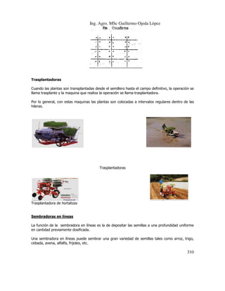 Ing. Agro. MSc Guillermo Ojeda Lòpez

Trasplantadoras
Cuando las plantas son transplantadas desde el semillero hasta el campo definitivo, la operación se
llama trasplante y la maquina que realiza la operación se llama trasplantadora.
Por lo general, con estas maquinas las pl
plantas son colocadas a intervalos regulares dentro de las
egulares
hileras.

Trasplantadoras

Trasplantadora de hortalizas

Sembradoras en líneas
La función de la sembradora en líneas es la de depositar las semillas a una profundidad uniforme
en cantidad previamente dosificada.
Una sembradora en líneas puede sembrar una gran variedad de semillas tales como arroz, trigo,
cebada, avena, alfalfa, frijoles, etc.
lfa,

310

 