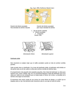 Ing. Agro. MSc Guillermo Ojeda Lòpez

Posición del cilindro acanalado
Para densidad de siembra reducida

Posición del cilindro acanalado
para mayor densidad de siembra
1. Eje de sección cuadrada
2. Cilindro acanalado
3. Compuerta
Fuente: FMO

Alimentación infer
inferior

Alimentación superior

Dosificador doble

Este mecanismo se adapta mejor que el rodillo acanalado cuando se trata de sembrar semillas
grandes.
Cada surcador tiene un dosificador. En el caso del dosificador doble, el dosificador está dividido en
dos partes cada una de las cuales se utiliza para sembrar semillas de distintos tipos.
El compartimiento más pequeño tiene pestañas pequeñas. Esta mitad del dosificador se utiliza para
sembrar arroz, avena, cebada, trigo, etc. Es conveniente bloquear el lado del dosificador que no se
utiliza por medio de una compuerta que se instala desde el interior de la tolva. La densidad de la
siembra varía según la transmisión.
El mecanismo más común consta de una corona con varias hileras de dientes y u piñón que se
un
desplaza sobre un eje. Normalmente este mecanismo esta en una caja con baño de aceite.

314

 