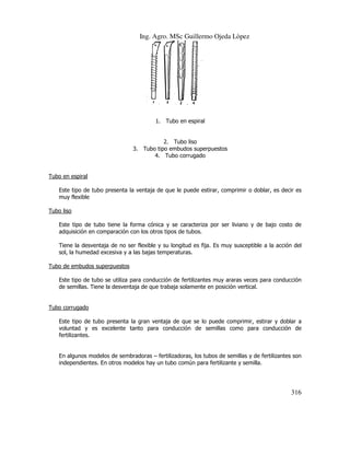 Ing. Agro. MSc Guillermo Ojeda Lòpez

1. Tubo en espiral

2. Tubo liso
3. Tubo tipo embudos superpuestos
4. Tubo corrugado

Tubo en espiral
Este tipo de tubo presenta la ventaja de que le puede estirar, comprimir o doblar, es decir es
muy flexible
Tubo liso
Este tipo de tubo tiene la forma cónica y se caracteriza por ser liviano y de bajo costo de
adquisición en comparación con los otros tipos de tubos.
isición
Tiene la desventaja de no ser flexible y su longitud es fija. Es muy susceptible a la acción del
sol, la humedad excesiva y a las bajas temperaturas.
Tubo de embudos superpuestos
Este tipo de tubo se utiliza para conducción de fertilizantes muy araras veces para conducción
de semillas. Tiene la desventaja de que trabaja solamente en posición vertical.

Tubo corrugado
Este tipo de tubo presenta la gran ventaja de que se lo puede comprimir, estirar y d
doblar a
voluntad y es excelente tanto para conducción de semillas como para conducción de
fertilizantes.

En algunos modelos de sembradoras – fertilizadoras, los tubos de semillas y de fertilizantes son
independientes. En otros modelos hay un tubo común para fertilizante y semilla.
para

316

 