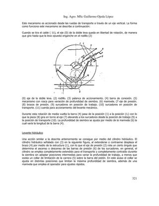 Ing. Agro. MSc Guillermo Ojeda Lòpez
Este mecanismo es accionado desde las ruedas de transporte a través de un eje vertical. La forma
como funciona este mecanismo se describe a continuación:
Cuando se tira el cable ( 11), el eje (D) de la doble leva queda en libertad de rotación, de manera
que gira hasta que la leva opuesta enganche en el rodillo (2)

(0) eje de la doble leva. (2) rodillo. (3) palanca de accionamiento. (4) barra de conexión. (5)
mecanismo con rosca para variación de profundidad de siembra (6) manivela. (7 eje de presión.
ara
siembra. 6)
(8) brazos de presión. (9) surcadores en posición de trabajo. (10) surcadores en posición de
transporte. (11) cuerda para accionamiento del levante mecánico.
Durante esta rotación de media vuelta la barra (4) pasa de la posición (1) a la posición (1i) con lo
e
que la pieza (8) gira en torno al eje (7) elevando a los surcadores desde la posición de trabajo (9) a
la posición de transporte (10). La profundidad de siembra se ajusta por medio de la manivela (6) la
medio
cual varía la longitud de la barra (4).

Levante hidráulico
Una acción similar a la descrita anteriormente se consigue por medio del cilindro hidráulico. El
cilindro hidráulico señalado con (3) en la siguiente figura, al extenderse o contraerse desplaza el
extenderse
brazo (4) por medio de la estructura (1), con lo que el eje de presión (2) rota un cierto ángulo que
determina el ascenso o descenso de las barras de presión (6) de los surcadores. en general, el
cilindro se emplea completamente extendido para el transporte y completamente contraído durante
la siembra sin adoptar posiciones intermedias para variar la profundidad de trabajo, a menos que
exista un collar de limitación de la carrera (5) sobre la barra del pistón. En este acaso el co
collar se
ajusta en distintas posiciones que limitan la máxima profundidad de siembra, además de una
manivela que emplea el operador para ajustes rápidos.

321

 