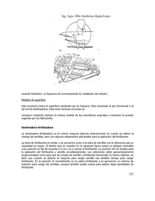 Ing. Agro. MSc Guillermo Ojeda Lòpez

Levante hidráulico: a) Esquema de funcionamiento b) instalación del cilindro.
Medidor de superficie
Este accesorio indica la superficie sembrada por la maquina. Esta conectado al eje transversal o al
eje de los dosificadores. Para tener lecturas correctas es
necesario mantener siempre la misma medida de los neumáticos originales y mantener la presió
presión
sugerida por los fabricantes.

Sembradora fertilizadora
La sembradora fertilizadora es la misma maquina descrita anteriormente en cuanto se refiere al
manejo de semillas, pero con algunos aditamentos adicionales para la aplicación del fertilizante.
La tolva de fertilizante es similar y se encuentra junto a la tolva de semillas con la diferencia que su
capacidad es mayor. El diseño que se muestra en la siguiente figura posee un tabique reversible
cuya posición se fija de acuerdo a sí va o no a usarse el fertilizante. La posición (N) se emplea para
la aplicación del fertilizante y semilla simultáneamente. Los volúmenes están aproximadamente
proporcionados como para que los niveles de semilla y fertilizante desciendan al mismo régimen, es
decir que cuando se detiene la maquina para cargar semilla sea también tiempo para cargar
fertilizante. En la posición ® normalmente no se aplica fertilizante y se aprovecha un máximo de
volumen para cargar las semillas, aunque también puede usarse para aplicar bajas densi
densidades de
fertilizante.

322

 