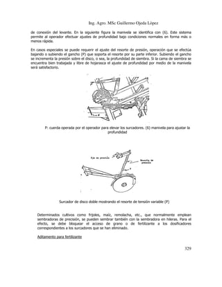 Ing. Agro. MSc Guillermo Ojeda Lòpez
de conexión del levante. En la siguiente figura la manivela se identifica con (6). Este sistema
permite al operador efectuar ajustes de profundidad bajo condiciones normales en forma más o
menos rápida.
En casos especiales se puede requerir el ajuste del resorte de presión, operación que se efectúa
s
bajando o subiendo el gancho (P) que soporta el resorte por su parte inferior. Subiendo el gancho
se incrementa la presión sobre el disco, o sea, la profundidad de siembra. Si la cama de siembra se
la
encuentra bien trabajada y libre de hojarasca el ajuste de profundidad por medio de la manivela
será satisfactorio.

P: cuerda operada por el operador para elevar los surcadores. (6) manivela para ajustar la
profundidad

Surcador de disco doble mostrando el resorte de tensión variable (P)

Determinados cultivos como frijoles, maíz, remolacha, etc., que normalmente emplean
sembradoras de precisión, se pueden sembrar también con la sembradora en hileras Para el
hileras.
efecto, se debe bloquear el acceso de grano o de fertilizante a los dosificadores
correspondientes a los surcadores que se han eliminado.
Aditamento para fertilizante

329

 