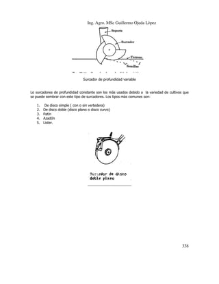 Ing. Agro. MSc Guillermo Ojeda Lòpez

Surcador de profundidad variable

Lo surcadores de profundidad constante son los más usados debido a la variedad de cultivos que
iedad
se puede sembrar con este tipo de surcadores. Los tipos más comunes son:
1.
2.
3.
4.
5.

De disco simple ( con o sin vertedera)
De disco doble (disco plano o disco curvo)
Patín
Azadón
Lister.

338

 