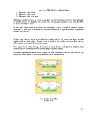 Ing. Agro. MSc Guillermo Ojeda Lòpez
1. Plato para caida lateral
2. Plato para caida plana
3. Plato para caida en grupos
El plato para caida lateral de la semilla se usa para sembrar semillas previamente clasificadas por
su tamaño. En este tipo de platos las semillas están colocadas de costado en cada celda. Se utiliza
en el caso concreto de maiz.
El plato para caida plana de la semilla es aconsejable cuando se trata de sembrar semillas
atachadas. En este caso, es necesario utilizar el disco reversible. El algodón y la soya se siembran
con este tipo de plato.

El plato para caida en grupo de semillas tienen celdas grandes de manera que varias semillas
pueden entrar en cada celda, y de esta forma se siembran las semillas en grupos. Este plato se
utiliza cuando se desea sembrar maiz en grupos.
Otros platos tienen rificios en lugar de muescas o celdas abiertas en la periferia del plato..Estos
platos se utilizan cuando se siembran semillas pequeñas como el sorgo.
Para casos especiales se utilizan platos “ciegos”, es decir sin muescas, celdas u otros orificios que
pueden ser hechos según el tamaño de la semilla que se desea sembrar.

Tipos de latos de semillas
Fuente: FMO

341

 