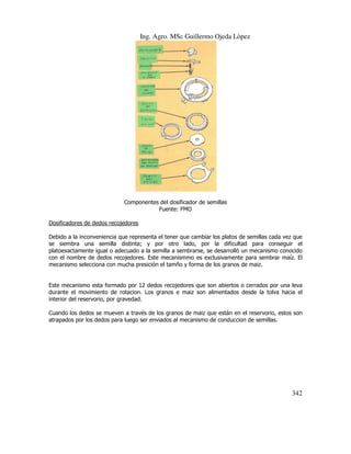 Ing. Agro. MSc Guillermo Ojeda Lòpez

Componentes del dosificador de semillas
Fuente: FMO
Dosificadores de dedos recojedores
Debido a la inconveniencia que representa el tener que cambiar los platos de semillas cada vez que
se siembra una semilla distinta; y por otro lado, por la dificultad para conseguir el
platoexactamente igual o adecuado a la semilla a sembrarse, se desarrolló un mecanismo conocido
con el nombre de dedos recojedores. Este mecanismmo es exclusivamente para sembrar maíz. El
mecanismo selecciona con mucha presición el tamño y forma de los granos de maiz.

Este mecanismo esta formado por 12 dedos recojedores que son abiertos o cerrados por una leva
durante el movimiento de rotacion. Los granos e maiz son alimentados desde la tolva hacia el
interior del reservorio, por gravedad.
Cuando los dedos se mueven a través de los granos de maiz que están en el reservorio, estos son
atrapados por los dedos para luego ser enviados al mecanismo de conduccion de semillas.

342

 