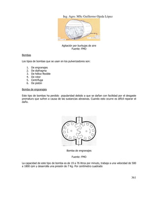 Ing. Agro. MSc Guillermo Ojeda Lòpez

Agitación por burbujas de aire
Fuente: FMO
Bombas
Los tipos de bombas que se usan en los pulverizadores son:
s
1.
2.
3.
4.
5.
6.

De engranajes
De diafragma
De hélice flexible
De rotor
Centrífuga
De pistón

Bomba de engranajes
Este tipo de bombas ha perdido popularidad debido a que se dañan con facilidad por el desgaste
prematuro que sufren a causa de las sustancias abrasivas. Cuando esto ocurre es difícil reparar el
daño.

Bomba de engranajes
Fuente: FMO
La capacidad de este tipo de bomba es de 19 a 76 litros por minuto, trabaja a una velocidad de 500
a 1800 rpm y desarrolla una presión de 7 Kg. Por centímetro cuadrado
la

361

 