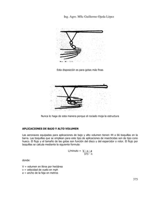 Ing. Agro. MSc Guillermo Ojeda Lòpez

Esta disposición es para gotas más finas

Nunca lo haga de esta manera porque el rociado moja la estructura

APLICACIONES DE BAJO Y ALTO VOLUMEN
Las aeronaves equipadas para aplicaciones de bajo y alto volumen tienen 44 a 66 boquillas en la
barra. Las boquillas que se emplean para este tipo de aplicaciones de insecticidas son de tipo cono
ra.
hueco. El flujo y el tamaño de las gotas son función del disco y del esparcidor o rotor. El flujo por
boquillas se calcula mediante la siguiente formula:
L/minuto = V v a
373 n
donde:
V = volumen en litros por hectárea
v = velocidad de vuelo en mph
a = ancho de la faja en metros

375

 