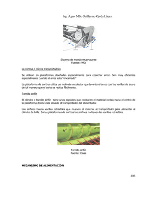 Ing. Agro. MSc Guillermo Ojeda Lòpez

Sistema de mando reciprocante
Fuente: FMO
La cortina o correa transportadora
Se utilizan en plataformas diseñadas especialmente para cosechar arroz. Son muy eficientes
especialmente cuando el arroz esta “encamado”
La plataforma de cortina utiliza un molinete recolector que levanta el arroz con las varillas de acero
de tal manera que el corte se realiza fácilmente.
Tornillo sinfín
El cilindro o tornillo sinfín tiene unos espirales que conducen el material cortao hacia el centro de
la plataforma donde esta situado el transportador del alimentador.
Los sinfines tienen varillas retractiles que mueven el material al transportador para alimentar al
cilindro de trilla. En las plataformas de cortina los sinfines no tienen las varillas retractiles.

Tornillo sinfín
Fuente: Claas

MECANISMO DE ALIMENTACIÓN

406

 