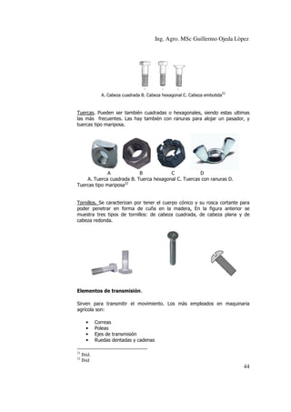 Ing. Agro. MSc Guillermo Ojeda Lòpez

21

A. Cabeza cuadrada B. Cabeza hexagonal C. Cabeza embutida

Tuercas. Pueden ser también cuadradas o hexagonales, siendo estas ultimas
.
las más frecuentes. Las hay también con ranuras para alojar un pasador, y
tuercas tipo mariposa
mariposa.

A
B
C
D
A. Tuerca cuadrada B. Tuerca hexagonal C. Tuercas con ranuras D.
Tuercas tipo mariposa22
ercas

Tornillos. Se caracterizan por tener el cuerpo cónico y su rosca cortante para
poder penetrar en forma de cuña en la madera En la figura anterior se
madera.
muestra tres tipos de tornillos: de cabeza cuadrada, de cabeza plana y de
cabeza redonda.
donda.

Elementos de transmisión
transmisión.
Sirven para transmitir el movimiento. Los más empleados en maquinaria
agrícola son:
•
•
•
•
21
22

Correas
Poleas
Ejes de transmisión
Ruedas dentadas y cadenas

Ibíd.
Ibíd

44

 