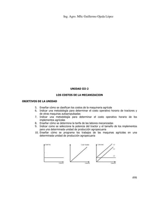 Ing. Agro. MSc Guillermo Ojeda Lòpez

UNIDAD III-2
LOS COSTOS DE LA MECANIZACION
OBJETIVOS DE LA UNIDAD
5. Enseñar cómo se clasifican los costos de la maquinaria agrícola
6. Indicar una metodología para determinar el costo operativo horario de tractores y
de otras maquinas autopropulsadas
7. Indicar una metodología para determinar el costo operativo horario de los
implementos agrícolas
8. Enseñar cómo se determina la tarifa de las labores mecanizadas
9. Indicar como se selecciona la potencia del tractor y el tamaño de los implementos
para una determinada unidad de producción agropecuaria
10. Enseñar cómo se programa los trabajos de las maquinas agrícolas en una
determinada unidad de producción agropecuaria

498

 