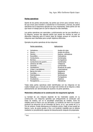 Ing. Agro. MSc Guillermo Ojeda Lòpez
Partes operativas
Aparte de las partes estructurales, las partes que sirven para conectar otras y
las que sirven para transferir y transformar el movimiento y fuerzas, las partes
operativas de la maquinaria agrícola son muy importantes. Estas partes son las
que hacen el trabajo para la cual la máquina ha sido diseñada.
Las partes operativas son esenciales y prácticamente son las que identifican a
la máquina, aunque hay algunas partes que siendo las mismas se usan en
diferentes máquinas para la misma clase de trabajo aunque en conjunto las
máquinas sean diseñadas para cumplir objetivos diferentes.
Ejemplos de partes operativas de las máquinas:
Partes operativas
•
•
•
•
•
•
•
•
•
•
•
•
•
•
•
•
•

Vertederas................................
Discos.......................................
Dientes.....................................
Escardillos................................
Conductores.............................
Bombas...................................
Conductores de gusano...........
Cilindros de trilla....................
Zarandas...............................
Ventiladores...........................
Cribas y sacudidores.............
Barras de corte.....................
Cuchillas...............................
Distribuidores........................
Boquillas.............................
Anudadoras........................
Recogedores......................

Aplicaciones
Arados de rejas
Arados de discos
Rastras, cultivadoras
Cultivadores
Combinadas
Fumigadoras
Combinadas
Trilladoras
Combinadas
Picadoras de pasto
Cosechadoras
Segadoras
Bulldozers
Sembradores
Fumigadoras
Atadoras
Hileradoras

Todas estas partes operativas están identificadas con las máquinas en las
cuales trabajan que a menudo son de origen del nombre de la máquina y estas
prácticamente son denominadas de acuerdo a la parte operativa.
Materiales utilizados en la construcción de maquinaria agrícola
La bondad de una máquina depende de los materiales usados en su
construcción. Las máquinas agrícolas que antiguamente se construían casi
todas de madera, son en la actualidad construidas de metales. Entre los
metales prima el hierro con sus derivados. La fundición de hierro es el primer
producto de extracción de los minerales de hierro, en la que queda de 2,3 a
5% de carbono. Puede distinguirse en fundición común, frágil, la que puede ser
blanca o gris, de grano grueso o fino y en fundición maleable que se obtiene
mediante un procedimiento especial de descarburación después de preparadas
36

Ibíd

51

 