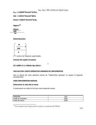 Ing. Agro. MSc Guillermo Ojeda Lòpez
Amot = 0.0049*Kwmot*$/litro
Aid. = 0.0013*Kwmot*$litro
Grasa+ 0.0014*Kwmot*$/kg
Seguro193
VRAcir
100
Ua

Administración:

M
2
160
#
# = numero de maquinas supervisadas.
Interés del capital circulante
I
CC=(R&R+C+L+MdeO+Sg+Adm) i

CALCULO DEL COSTO OPERATIVO HORARIO DE IMPLEMENTOS
Para el cálculo del costo operativo horario de “implementos agrícolas” se sugiere el siguiente
procedimiento:
PARA IMPLEMENTOS NUEVOS
Determinar la vida útil en horas
A continuación se indica la Vuh para varia maquinas nuevas:

MAQUINA
Arado de vertedera
Arado de discos
193

Vuh
5000
5000

En el supuesto que la prima anual sea igual a un centésimo del VRACir

514

 