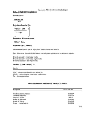 Ing. Agro. MSc Guillermo Ojeda Lòpez
PARA IMPLEMENTOS USADOS
Amortización
VRAcir – VR
Dfp
Interés del capital fijo
VRAcir + VRP

i

2 * Dfp

Repuestos & Reparaciones
VRAcir * Coef.
CALCULO DE LA TARIFA
La tarifa es el precio que se paga por la prestación de 8un servicio
Para determinar el precio de las labores mecanizadas, previamente es necesario calcular:
El costo operativo horario del tractor
El costo operativo horario del implemento
El tiempo operativo del implemento.
Tarifa = (COHT + COHI) To
Donde:
COHT = costo operativo horario del tractor.
COHI = costo operativo horario del implemento
To = tiempo operativo.

COEFICIENTES DE REPUESTOS Y REPARACIONES

MAQUINA
Tractores de neumáticos
Tractores de oruga
Cargador frontal
Arado de vertieras
Arado de discos
Arado – rastra liviano

COEFICIENTES
0.00007
0.00009
.00020
0.00040
0.00015
0.00045

516

 