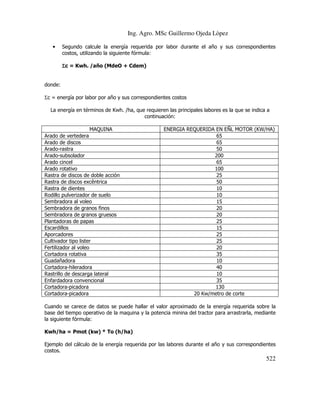 Ing. Agro. MSc Guillermo Ojeda Lòpez
•

Segundo calcule la energía requerida por labor durante el año y sus correspondientes
costos, utilizando la siguiente fórmula:
Σc = Kwh. /año (MdeO + Cdem)

donde:
Σc = energía por labor por año y sus correspondientes costos
La energía en términos de Kwh. /ha, que requieren las principales labores es la que se indica a
continuación:
MAQUINA
Arado de vertedera
Arado de discos
Arado-rastra
Arado-subsolador
Arado cincel
Arado rotativo
Rastra de discos de doble acción
Rastra de discos excêntrica
Rastra de dientes
Rodillo pulverizador de suelo
Sembradora al voleo
Sembradora de granos finos
Sembradora de granos gruesos
Plantadoras de papas
Escardillos
Aporcadores
Cultivador tipo lister
Fertilizador al voleo
Cortadora rotativa
Guadañadora
Cortadora-hileradora
Rastrillo de descarga lateral
Enfardadora convencional
Cortadora-picadora
Cortadora-picadora

ENERGIA REQUERIDA EN EÑL MOTOR (KW/HA)
65
65
50
200
65
100
25
50
10
10
15
20
20
25
15
25
25
20
35
10
40
10
35
130
20 Kw/metro de corte

Cuando se carece de datos se puede hallar el valor aproximado de la energía requerida sobre la
base del tiempo operativo de la maquina y la potencia minina del tractor para arrastrarla, mediante
la siguiente fórmula:
Kwh/ha = Pmot (kw) * To (h/ha)
Ejemplo del cálculo de la energía requerida por las labores durante el año y sus correspondientes
costos.

522

 