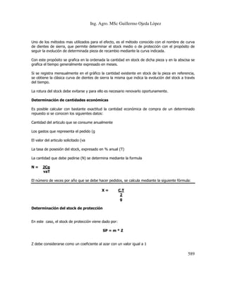 Ing. Agro. MSc Guillermo Ojeda Lòpez

Uno de los métodos mas utilizados para el efecto, es el método conocido con el nombre de curva
de dientes de sierra, que permite determinar el stock medio o de protección con el propósito de
seguir la evolución de determinada pieza de recambio mediante la curva indicada.
Con este propósito se grafica en la ordenada la cantidad en stock de dicha pieza y en la abscisa se
grafica el tiempo generalmente expresado en meses.
Si se registra mensualmente en el gráfico la cantidad existente en stock de la pieza en referencia,
se obtiene la clásica curva de dientes de sierra la misma que indica la evolución del stock a través
del tiempo.
La rotura del stock debe evitarse y para ello es necesario renovarlo oportunamente.
Determinación de cantidades económicas
Es posible calcular con bastante exactitud la cantidad económica de compra de un determinado
repuesto si se conocen los siguientes datos:
Cantidad del articulo que se consume anualmente
Los gastos que representa el pedido (g
El valor del articulo solicitado (va
La tasa de posesión del stock, expresado en % anual (T)
La cantidad que debe pedirse (N) se determina mediante la formula
N=

2Cg
vaT

El número de veces por año que se debe hacer pedidos, se calcula mediante la siguiente fórmula:
X=

C.T
2
g

Determinación del stock de protección

En este caso, el stock de protección viene dado por:
SP = m * Z

Z debe considerarse como un coeficiente al azar con un valor igual a 1

589

 