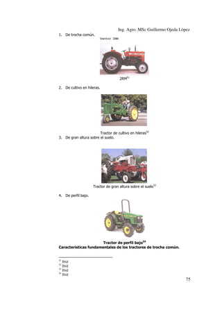 Ing. Agro. MSc Guillermo Ojeda Lòpez
1. De trocha común.

2RM51
2. De cultivo en hileras.

Tractor de cultivo en hileras52
3. De gran altura sobre el suelo.

Tractor de gran altura sobre el suelo53
4. De perfil bajo.

Tractor de perfil bajo54
Características fundamentales de los tractores de trocha común.

51

Ibíd
Ibíd
53
Ibíd
54
Ibíd
52

75

 
