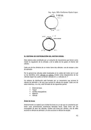 Ing. Agro. MSc Guillermo Ojeda Lòpez

L
EL SISTEMA DE DISTRIBUCIÓN DEL MOTOR DIESEL
Este sistema esta constituido por un conjunto de mecanismos que tienen como
misión la regulación de la entrada y de la salida de los gases al interior del
cilindro.
Cada uno de los cilindros de un motor tiene dos válvulas: una de escape y otra
de admisión
Por lo general las válvulas están localizadas en la culata del motor por lo cual
se las identifica como válvulas en cabeza. Existen otras disposiciones de las
válvulas según las cuales se llaman válvulas en L o válvulas en T
cuales
Un sistema de distribución está formado por un mecanismo que acciona la
válvula de admisión y de otro que acciona la válvula de escape. Cada uno de
estos sistemas, a su vez, está formado de las siguientes partes:
es:
•
•
•
•
•

Árbol de levas
Taqué
Varillas empujadoras
Balancín
Válvula

Árbol de levas
Anteriormente se explicó que el árbol de levas es un eje que se caracteriza por
tener unas prominencias excéntricas llamadas levas. Estas levas son las
encargadas de abrir la válvulas. Existen dos levas por cilindro; una de ellas
las
acciona la válvula de admisión y la otra acciona la válvula de escape.
válvula

92

 