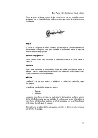 Ing. Agro. MSc Guillermo Ojeda Lòpez
Como se ve en la figura, en uno de los extremos del eje hay un piñón que es
accionado por el cigüeñal al cual está conectado por medio de una cadena de
or
distribución

Taqué
El taqué es una pieza de forma cilíndrica que se aloja en una cavidad ubicada
en el bloque. Esta pieza sirve para trasmitir el movimiento desde el árbol de
levas a la varilla empujadora.
as
Varillas empujadoras
Estas varillas sirven para transmitir el movimiento desde el taqué hasta el
balancín.
Balancín
Sirve para transmitir el movimiento desde la varilla empujadora hasta la
válvula. Hay un balancín por cada válvula. Los balancines están colocados en
un eje denominado eje de balancines.
Válvula
La válvula es la que abre o cierra el orificio por el cual entran o salen los gases
del cilindro.
Una válvula consta de las siguientes partes:
•
•

Cabeza.
Vástago

La cabeza tiene forma circular. La parte inferior de la cabeza se llama asiento
de la válvula la misma que es biselada. El vástago esta unido a la cabeza y
tiene forma cilíndrica. Esta parte de la válvula se desliza por un orificio ubicado
en la culata llama guía de válvula.
llamado
Generalmente la cabeza de las válvulas de admisión es de mayor diámetro que
las válvulas de escape.

93

 