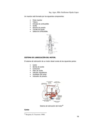 Ing. Agro. MSc Guillermo Ojeda Lòpez
Un inyector está formado por los siguientes componentes:
•
•
•
•
•
•
•

Porta inyector
Tobera
Entrada de combustible
Varilla
Resorte de presión
Tornillo de ajuste
Salida de combustible.

SISTEMA DE LUBRICACIÓN DEL MOTOR.
El sistema de lubricación de un motor diesel consta de las siguientes partes:
•
•
•
•
•
•
•

Carter
Bomba de aceite
Conductos
Filtro de aceite
Válvulas reguladoras
Ventilador del carter
Indicador de presión.

Sistema de lubricación del motor80
Carter
80

Borgman, D. Tractorers. FMO.

98

 