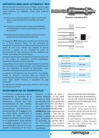 06
DISPOSITIVO BISELADOR AUTOMATICO “BFA”DISPOSITIVO BISELADOR AUTOMATICO “BFA”
Se trata de una herramienta de uso múltiple, que sirve para
efectuar varias operaciones del tipo mecanizado en los
tubos utilizados en calderería. Entre estas podemos
mencionar:
a) Eliminar la costurade soldadura delperímetro de los
tubos, cuyos extremosfueron soldados ala placa
tubular.
b) Frantear los extremosde los tubosya mandrilados,
para emparejarlos mismos opara darles unabuena
terminación.
c) Biselar el extremode los tubosen variados ángulos,
preparando los mismospara la soldadura.
Biselador automático BFA
Fresado de costura
en proceso
Tubo soldado
Costura fresada
El dispositivo BFA efectúa las operaciones mencionadas
sin el menor esfuerzo físico, (no hay necesidad de
empujarlo) ya que posee un sistema de autopropulsión por
medio de una rosca interna, que asegura el avance
uniforme y regular de las cuchillas de corte. El
accionamientode este avance se efectúa mediante una
manija, que trabajacomo un embrague.
La fijación deldispositivo se efectúamediante la expansión
de dos juegos de segmentos cónicos expansibles,
sujetados mediante resortesde tracción.
Las cuchillas decorte tienen diversasformas de acuerdoal
tipo de trabajoque se deseaefectuar, yeste detalle siempre
hay que especificar al adquirir la herramienta, como
asimismo las dimensionesde los tubosa mecanizar.
La operación del dispositivo es muy simple y muy rápida.
Puede ser manual o mecánico. Para uso manual se
recomienda la utilización de una llave crique y para uso a
motor algún taladro eléctrico o neumático de baja
revolución.
Se fabrican en 5 tamaños para tubos de Ø ext. de 31,7 mm
hasta Ø ext. de102 mm.
HERRAMIENTAS DE DESMONTAJEHERRAMIENTAS DE DESMONTAJE
En la industria energética se presenta tubulares, un trabajo de difícil y Estas herramientas están diseñadas a
corrientemente la necesidad de la riesgosa realización, ya que puede base de largos años de experiencia y
reparación de equipos tubulares de incurrirse en daños irreparables, que con los más modernos conceptos de
transferencia térmica, sean éstos generalmente provocan la pérdida total operabilidad para la realización de las
intercambiadores de calor, calderas, del equipo. Por lo tanto, para llevar a tareas mencionadas.
c o n d e n s a d o r e s , e n f r i a d o r e s , cabo dicha reposición, se precisan Su construcción es de gran
ev ap or ad or es , pr ec al en ta do re s, herramientas especiales adecuadas. r o b u s t e z p a r a s o p o r t a r l o s
economizadores, etc. El desgaste o mal NEMAPAS.A. ponea disposicióndela extremos requerimientos de este
uso puede afectar sensiblemente el industria dedicada a este tipo de ti po de tr ab aj o, ga ra nt iz an do as í
rendimiento del equipo, implicando montajes y reparaciones, una amplia un a la rg a vi da út il .
pérdidas económicas e inclusive peligro gama de herramientas denominadas A continuación recopilamos las
en su funcionamiento. Surge entonces de desmontaje, que permiten allanar características y datos técnicos
la inevitable necesidad de reponer los las dificultades que pueden d e l a s h e r r a m i e n t a s d e
tubos deteriorados. Para tal fin se debe presentarse, y cubren las más diversas desmontaje NEMAPA.
proceder al desmontaje de los mazos necesidades.
Ø EXT. TUBO MODELO
31,7 a 38 mm
(1.1/4”) a (1.½”)
38,1 a 44,5 mm
(1.1/2”) a (1.3/4”)
50,8 a 57,1 mm
(2”) a (2.1/4”)
63,5 a 76,2 mm
(2.1/2”) a (3”)
82,5 a 101,6
(3.1/4”) a (4”)
BFA-2832
BFA-3844
BFA-5157
BFA-6376
BFA-83102
 