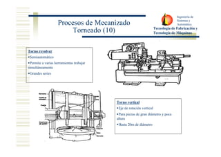 Ingeniería de 
Sistemas y 
Automática 
Tecnología de Fabricación y 
Tecnología de Máquinas 
Procesos de Mecanizado 
Torneado (10) 
Torno revolver 
·Semiautomático 
·Permite a varias herramientas trabajar 
simultáneamente 
·Grandes series 
Torno vertical 
·Eje de rotación vertical 
·Para piezas de gran diámetro y poca 
altura 
·Hasta 20m de diámetro 
