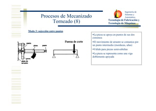 Ingeniería de 
Sistemas y 
Automática 
Tecnología de Fabricación y 
Tecnología de Máquinas 
Procesos de Mecanizado 
Torneado (8) 
Modo 3: sujección entre puntos 
·La pieza se apoya en puntos de sus dos 
extremos 
·El movimiento de arrastre se comunica por 
un punto intermedio (mordazas, uñas) 
·Válido para piezas semi-esbeltas 
·La pieza se representa como una viga 
doblemente apoyada 
 