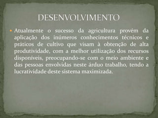  Atualmente o sucesso da agricultura provém da
aplicação dos inúmeros conhecimentos técnicos e
práticos de cultivo que visam à obtenção de alta
produtividade, com a melhor utilização dos recursos
disponíveis, preocupando-se com o meio ambiente e
das pessoas envolvidas neste árduo trabalho, tendo a
lucratividade deste sistema maximizada.
 