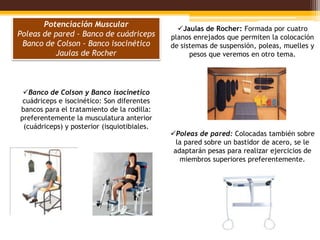 Potenciación Muscular
                                               Jaulas de Rocher: Formada por cuatro
Poleas de pared - Banco de cuádriceps        planos enrejados que permiten la colocación
 Banco de Colson - Banco isocinético         de sistemas de suspensión, poleas, muelles y
          Jaulas de Rocher                         pesos que veremos en otro tema.




 Banco de Colson y Banco isocinetico
 cuádriceps e isocinético: Son diferentes
bancos para el tratamiento de la rodilla:
preferentemente la musculatura anterior
 (cuádriceps) y posterior (isquiotibiales.
                                             Poleas de pared: Colocadas también sobre
                                               la pared sobre un bastidor de acero, se le
                                              adaptarán pesas para realizar ejercicios de
                                                miembros superiores preferentemente.
 