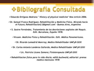Eduardo Ortigoza Medrano " History of physical medicine" New Article 2006.

Dr. Samuel Franco Rodríguez; Rehabilitación y Medicina Física. Mirando hacia
       el Futuro; Rehabilitacion2.0@gmail.com - Buenos Aires, Argentina

 S. Sastre Fernández, Tratamiento de las desviaciones sagitales del Raquis.
                       Edit. Barcelona, España 1978.

   Krusen. Medicina Física y Rehabilitación. Edit. Médica Panamericana.

      Dr. Ricardo Lamadrid Monrroy; Medico Rehabilitador UMFyR-SXXI

  Dr. Carlos Antonio Landeros Gallardo; Medico Rehabilitador UMFyR-SXXi

          Lic. Patricia Licona Zamora; Fisioterapeuta UMFyR-SXXI

 Rehabilitacion fisica para la vida diaria; edith buchwald; editorial: prensa
                            medica mexicana 1978
 