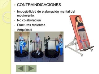  CONTRAINDICACIONES
• Imposibilidad de elaboración mental del
movimiento
• No colaboración
• Fracturas recientes
• Anquilosis
 