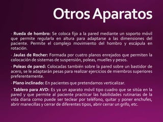 · Rueda de hombro: Se coloca fijo a la pared mediante un soporto móvil
que permite regularla en altura para adaptarse a las dimensiones del
paciente. Permite el complejo movimiento del hombro y escápula en
rotación.
· Jaulas de Rocher: Formada por cuatro planos enrejados que permiten la
colocación de sistemas de suspensión, poleas, muelles y pesos.
· Poleas de pared: Colocadas también sobre la pared sobre un bastidor de
acero, se le adaptarán pesas para realizar ejercicios de miembros superiores
preferentemente.
· Plano inclinado: En pacientes que pretendamos verticalizar.
· Tablero para AVD: Es ya un aparato móvil tipo cuadro que se sitúa en la
pared y que permite al paciente practicar las habilidades rutinarias de la
vida diaria como puede ser teclear por teléfono, quitar y poner enchufes,
abrir manecillas y cerrar de diferentes tipos, abrir cerrar un grifo, etc.
 