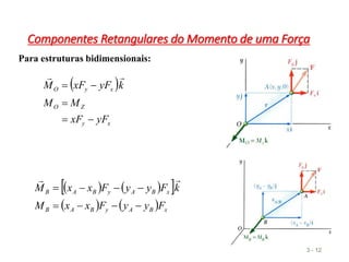 Componentes Retangulares do Momento de uma Força
3 - 12
Para estruturas bidimensionais:
 
x
y
Z
O
x
y
O
yF
xF
M
M
k
yF
xF
M







   
 
    x
B
A
y
B
A
B
x
B
A
y
B
A
B
F
y
y
F
x
x
M
k
F
y
y
F
x
x
M










 