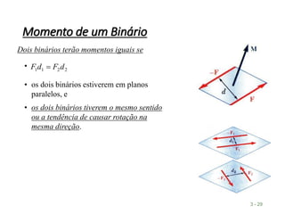 Momento de um Binário
3 - 29
Dois binários terão momentos iguais se
• 2
2
1
1 d
F
d
F 
• os dois binários estiverem em planos
paralelos, e
• os dois binários tiverem o mesmo sentido
ou a tendência de causar rotação na
mesma direção.
 