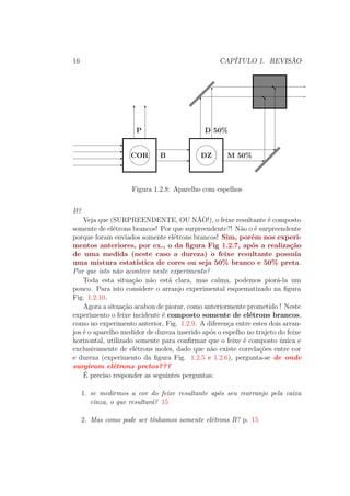 16 CAPÍTULO 1. REVISÃO
COR B
P
DZ M 50%
D 50%
Figura 1.2.8: Aparelho com espelhos
B?
Veja que (SURPREENDENTE, OU NÃO!), o feixe resultante é composto
somente de elétrons brancos! Por que surpreendente?! Não o é surpreendente
porque foram enviados somente elétrons brancos! Sim, porém nos experi-
mentos anteriores, por ex., o da figura Fig 1.2.7, após a realização
de uma medida (neste caso a dureza) o feixe resultante possuía
uma mistura estatística de cores ou seja 50% branco e 50% preta.
Por que isto não acontece neste experimento?
Toda esta situação não está clara, mas calma, podemos piorá-la um
pouco. Para isto considere o arranjo experimental esquematizado na figura
Fig. 1.2.10.
Agora a situação acabou de piorar, como anteriormente prometido ! Neste
experimento o feixe incidente é composto somente de elétrons brancos,
como no experimento anterior, Fig. 1.2.9. A diferença entre estes dois arran-
jos é o aparelho medidor de dureza inserido após o espelho no trajeto do feixe
horizontal, utilizado somente para confirmar que o feixe é composto única e
exclusivamente de elétrons moles, dado que não existe correlações entre cor
e dureza (experimento da figura Fig. 1.2.5 e 1.2.6), pergunta-se de onde
surgiram elétrons pretos???
É preciso responder as seguintes perguntas:
1. se medirmos a cor do feixe resultante após seu rearranjo pela caixa
cinza, o que resultará? 15
2. Mas como pode ser tínhamos somente elétrons B? p. 15
 