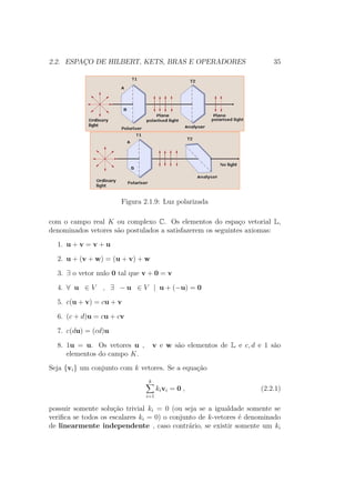 2.2. ESPAÇO DE HILBERT, KETS, BRAS E OPERADORES 35
Figura 2.1.9: Luz polarizada
com o campo real K ou complexo C. Os elementos do espaço vetorial L,
denominados vetores são postulados a satisfazerem os seguintes axiomas:
1. u + v = v + u
2. u + (v + w) = (u + v) + w
3. ∃ o vetor nulo 0 tal que v + 0 = v
4. ∀ u ∈ V , ∃ − u ∈ V | u + (−u) = 0
5. c(u + v) = cu + v
6. (c + d)u = cu + cv
7. c(du) = (cd)u
8. 1u = u. Os vetores u , v e w são elementos de L e c, d e 1 são
elementos do campo K.
Seja {vi} um conjunto com k vetores. Se a equação
k
i=1
kivi = 0 , (2.2.1)
possuir somente solução trivial ki = 0 (ou seja se a igualdade somente se
verifica se todos os escalares ki = 0) o conjunto de k-vetores é denominado
de linearmente independente , caso contrário, se existir somente um ki
 