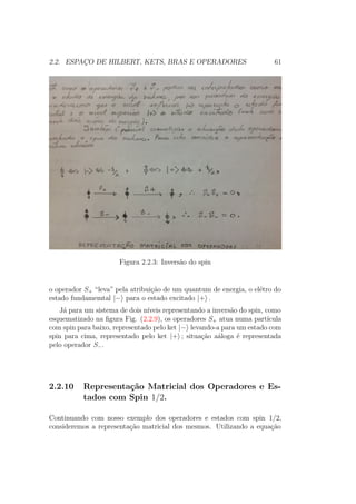 2.2. ESPAÇO DE HILBERT, KETS, BRAS E OPERADORES 61
Figura 2.2.3: Inversão do spin
o operador S+ “leva” pela atribuição de um quantum de energia, o elétro do
estado fundamemtal |− para o estado excitado |+ .
Já para um sistema de dois níveis representando a inversão do spin, como
esquematizado na figura Fig. (2.2.9), os operadores S+ atua numa partícula
com spin para baixo, representado pelo ket |− levando-a para um estado com
spin para cima, representado pelo ket |+ ; situação aáloga é representada
pelo operador S−.
2.2.10 Representação Matricial dos Operadores e Es-
tados com Spin 1/2.
Continuando com nosso exemplo dos operadores e estados com spin 1/2,
consideremos a representação matricial dos mesmos. Utilizando a equação
 