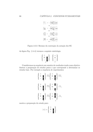 66 CAPÍTULO 2. CONCEITOS FUNDAMENTAIS
Figura 2.3.3: Resumo da convenção da notação dos SG
da figura Fig. (1.4.4) teremos a seguinte simbologia



+
0
−



S



+
0
−



T
Consideremos na sequência um sumário de resultados tendo como objetivo
ilustrar a preparação de estados puros o que corresponde a determinar os
estados base. Por exemplo a sequência de experimentos



+
0
−



N/3
−→
S



+
0
−



N/3
−→
S
,



+
0
−



N/3
−→
S



+
0
−



0
−→,
S



+
0
−



N/3
−→
S



+
0
−



0
−→,
S
mostra a preparação do estado puro
|+ =



+
0
−



.
 