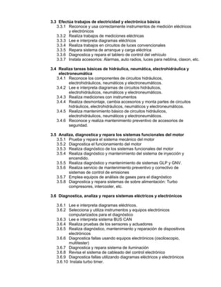 3.3 Efectúa trabajos de electricidad y electrónica básica
3.3.1 Reconoce y usa correctamente instrumentos de medición eléctricos
y electrónicos
3.3.2 Realiza trabajos de mediciones eléctricas
3.3.3 Lee e interpreta diagramas eléctricos
3.3.4 Realiza trabajos en circuitos de luces convencionales
3.3.5 Repara sistema de arranque y carga eléctrica
3.3.6 Diagnostica y repara el tablero de control del vehículo
3.3.7 Instala accesorios: Alarmas, auto radios, luces para neblina, claxon, etc.
3.4 Realiza tareas básicas de hidráulica, neumática, electrohidráulica y
electroneumática
3.4.1 Reconoce los componentes de circuitos hidráulicos,
electrohidráulicos, neumáticos y electroneumáticos.
3.4.2 Lee e interpreta diagramas de circuitos hidráulicos,
electrohidráulicos, neumáticos y electroneumáticos.
3.4.3 Realiza mediciones con instrumentos
3.4.4 Realiza desmontaje, cambia accesorios y monta partes de circuitos
hidráulicos, electrohidráulicos, neumáticos y electroneumáticos.
3.4.5 Realiza mantenimiento básico de circuitos hidráulicos,
electrohidráulicos, neumáticos y electroneumáticos.
3.4.6 Reconoce y realiza mantenimiento preventivo de accesorios de
seguridad.
3.5 Analiza, diagnostica y repara los sistemas funcionales del motor
3.5.1 Prueba y repara el sistema mecánico del motor
3.5.2 Diagnostica el funcionamiento del motor
3.5.3 Realiza diagnóstico de los sistemas funcionales del motor
3.5.4 Realiza diagnóstico y mantenimiento del sistema de inyección y
encendido.
3.5.5 Realiza diagnóstico y mantenimiento de sistemas GLP y GNV.
3.5.6 Realiza servicio de mantenimiento preventivo y correctivo de
sistemas de control de emisiones
3.5.7 Emplea equipos de análisis de gases para el diagnóstico
3.5.8 Diagnostica y repara sistemas de sobre alimentación: Turbo
compresores, intercooler, etc.
3.6 Diagnostica, analiza y repara sistemas eléctricos y electrónicos
3.6.1 Lee e interpreta diagramas eléctricos.
3.6.2 Selecciona y utiliza instrumentos y equipos electrónicos
computarizados para el diagnóstico
3.6.3 Lee e interpreta sistema BUS CAN
3.6.4 Realiza pruebas de los sensores y actuadores
3.6.5 Realiza diagnóstico, mantenimiento y reparación de dispositivos
electrónicos
3.6.6 Diagnostica fallas usando equipos electrónicos (osciloscopio,
multitester)
3.6.7 Diagnostica y repara sistema de iluminación
3.6.8 Revisa el sistema de cableado del control electrónico
3.6.9 Diagnostica fallas utilizando diagramas eléctricos y electrónicos
3.6.10 Instala turbo timer.
 