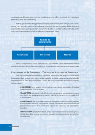 mento da pneumática, como por exemplo, a indústria de mineração, a construção civil e a indústria
   ferroviária (freios a ar comprimido) .

          A introdução de forma mais generalizada da pneumática na indústria começou com a neces-
   sidade, cada vez maior, da automatização e racionalização dos processos de trabalho. Apesar da
   sua rejeição inicial, quase que sempre proveniente da falta de conhecimento e instrução, ela foi
   aceita e o número de campos de aplicação tornou-se cada vez maior.




                                             Técnica de
                                            acionamento




            Pneumática                       Hidráulica                        Elétrica




          Hoje o ar comprimido se tornou indispensável e nos diferentes ramos industriais instalam-se
   equipamentos pneumáticos. Faremos então, uma comparação da pneumática com outras técnicas.


   PROPRIEDADES       DO   AR COMPRIMIDO - VANTAGENS          NA   UTILIZAÇÃO   DA   PNEUMÁTICA.
          É notável como a pneumática tem-se expandido, impondo-se em tão pouco tempo e com
   tanta rapidez. Isso se deve, entre outras coisas, à solução de alguns problemas de automatização,
   não se dispondo de outro meio mais simples e barato. Algumas propriedades tornam o ar comprimi-
   do importante:

                  QUANTIDADE: o ar, para ser comprimido, encontra-se em quantidades ilimitadas,
                  praticamente em todos os lugares.

                  TRANSPORTE: o ar comprimido é facilmente transportável por tubulações, mesmo
                  para distâncias consideravelmente grandes. Não há necessidade de preocupação com
                  o retorno de ar.

                  ARMAZENAMENTO: no estabelecimento não é necessário que o compressor esteja em
                  funcionamento contínuo. O ar pode ser sempre armazenado em um reservatório e
                  posteriormente tirado de lá. Além disso é possível o transporte em reservatórios
                  (botijões).

                  TEMPERATURA: o trabalho realizado com ar comprimido é insensível às oscilações da
                  temperatura. Isso garante, também em situações térmicas extremas, um funciona-
                  mento seguro.




102 mecatrônica
 