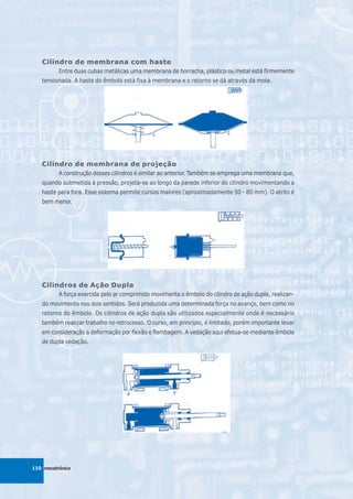 Cilindro de membrana com haste
          Entre duas cubas metálicas uma membrana de borracha, plástico ou metal está firmemente
   tensionada. A haste do êmbolo está fixa à membrana e o retorno se dá através da mola.




   Cilindro de membrana de projeção
          A construção desses cilindros é similar ao anterior. Também se emprega uma membrana que,
   quando submetida à pressão, projeta-se ao longo da parede inferior do cilindro movimentando a
   haste para fora. Esse sistema permite cursos maiores (aproximadamente 50 - 80 mm). O atrito é
   bem menor.




   Cilindros de Ação Dupla
          A força exercida pelo ar comprimido movimenta o êmbolo do cilindro de ação dupla, realizan-
   do movimento nos dois sentidos. Será produzida uma determinada força no avanço, bem como no
   retorno do êmbolo. Os cilindros de ação dupla são utilizados especialmente onde é necessário
   também realizar trabalho no retrocesso. O curso, em princípio, é limitado, porém importante levar
   em consideração a deformação por flexão e flambagem. A vedação aqui efetua-se mediante êmbolo
   de dupla vedação.




110 mecatrônica
 