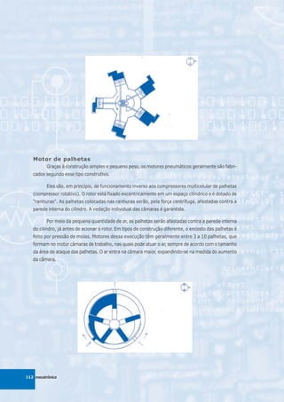 Motor de palhetas
          Graças à construção simples e pequeno peso, os motores pneumáticos geralmente são fabri-
   cados segundo esse tipo construtivo.

          Eles são, em princípio, de funcionamento inverso aos compressores multicelular de palhetas
   (compressor rotativo). O rotor está fixado excentricamente em um espaço cilíndrico e é dotado de
   “ranhuras". As palhetas colocadas nas ranhuras serão, pela força centrífuga, afastadas contra a
   parede interna do cilindro. A vedação individual das câmaras é garantida.

          Por meio da pequena quantidade de ar, as palhetas serão afastadas contra a parede interna
   do cilindro, já antes de acionar o rotor. Em tipos de construção diferente, o encosto das palhetas é
   feito por pressão de molas. Motores dessa execução têm geralmente entre 3 a 10 palhetas, que
   formam no motor câmaras de trabalho, nas quais pode atuar o ar, sempre de acordo com o tamanho
   da área de ataque das palhetas. O ar entra na câmara maior, expandindo-se na medida do aumento
   da câmara.




112 mecatrônica
 